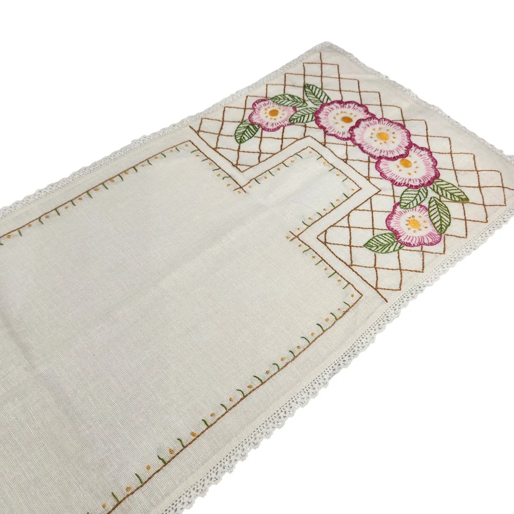 Vintage Hand-embroidered Linen Floral Table Runner Dresser Scarf 12